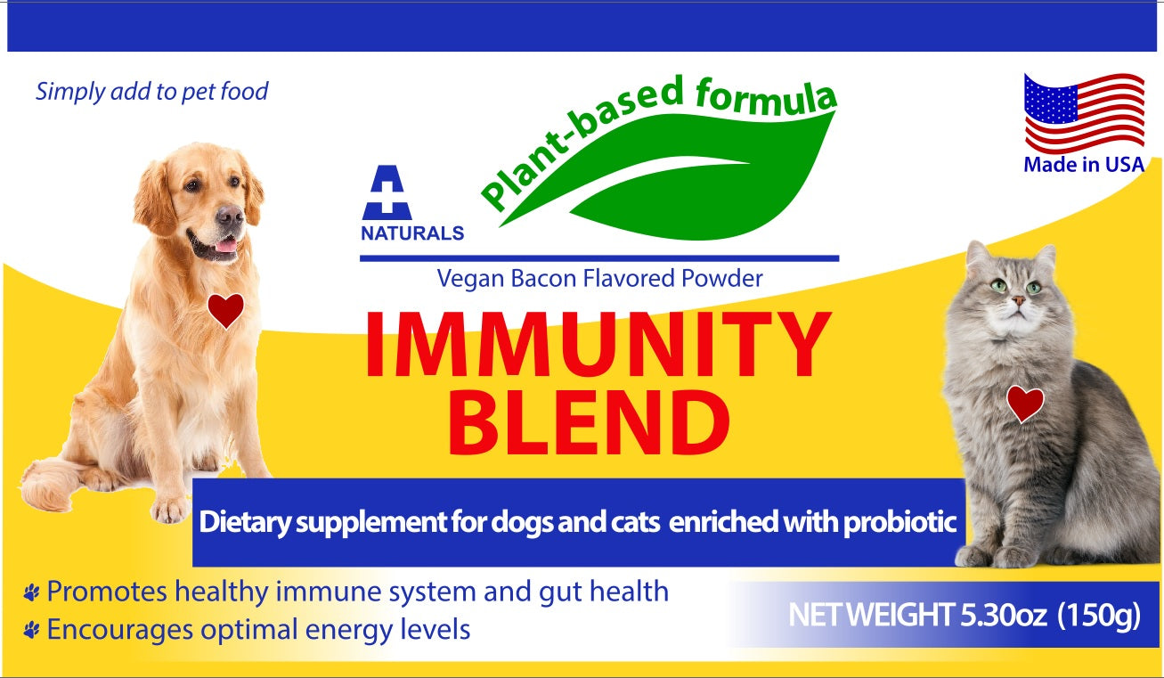 A-Plus Naturals plant-based immunity blend (powder), vegan bacon flavor, enriched with probiotic for dogs and cats - net 150g